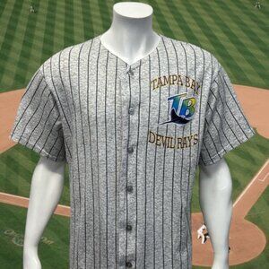 Vintage 90s Tampa Bay Devil Rays Gray Pinstripe Adult Jersey Made in USA Size XL